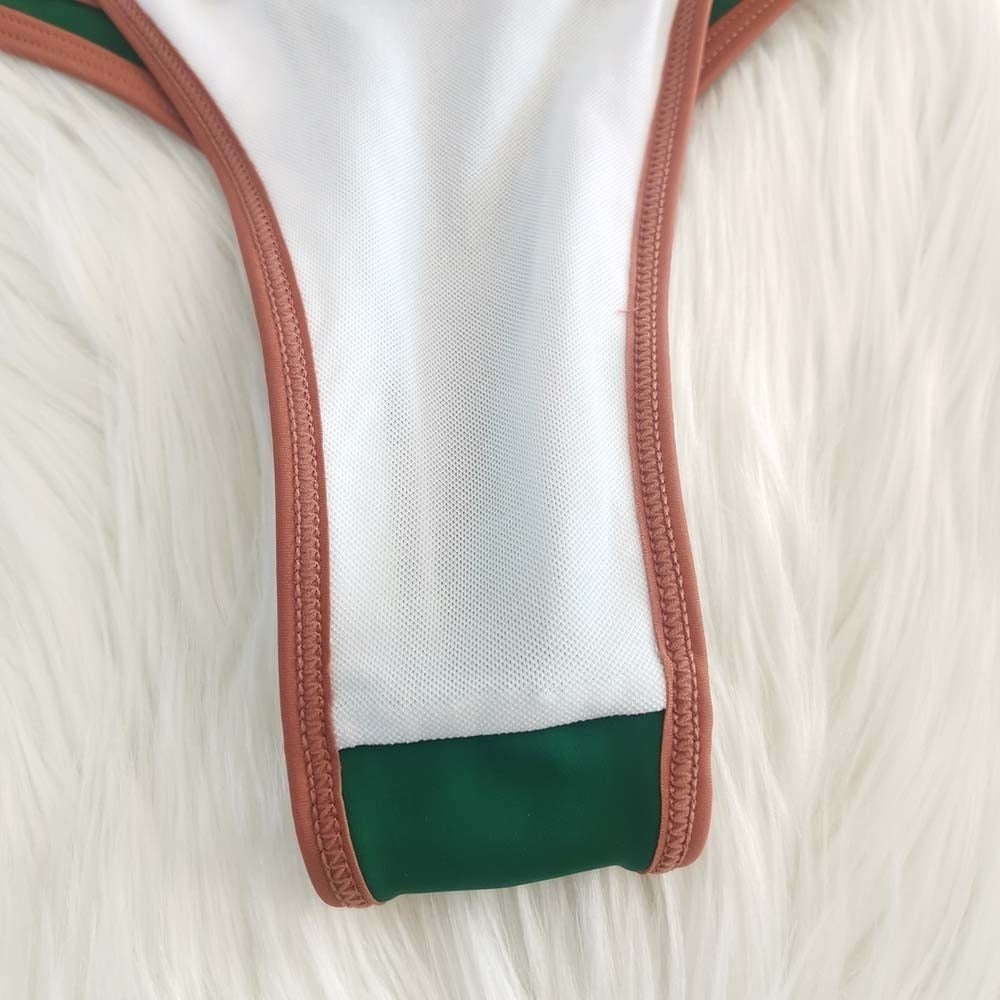 Vintage Retro Bikini Patchwork Swimsuit Thong Brazilian Sexy Swimwear Female  New Summer Micro V-bar Green Bathing Suits