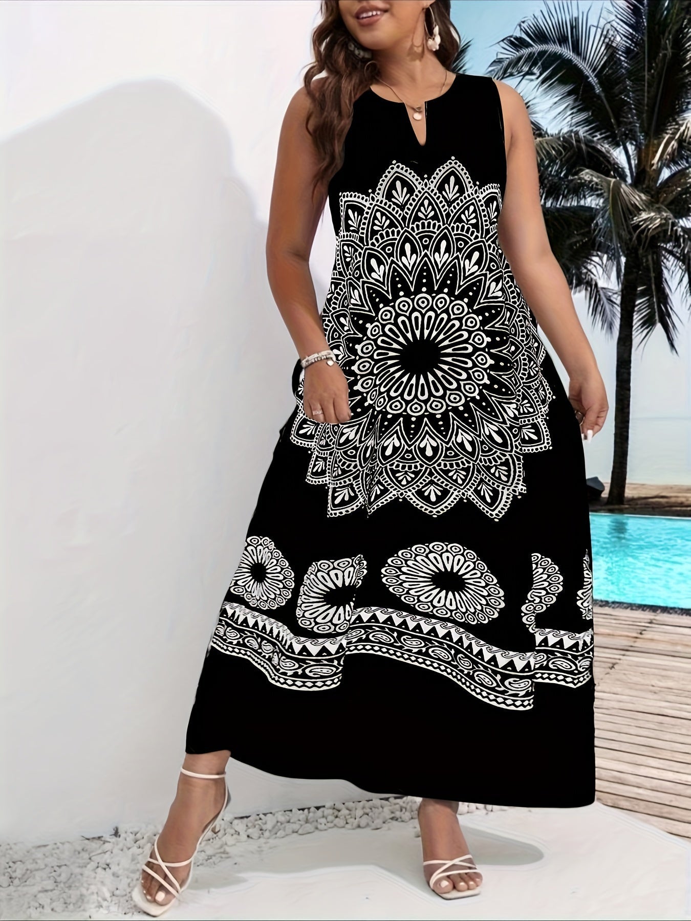 Flawless Mandala Floral Maxi Dress - Chic Notched Neck, Sleeveless Elegance - Fashionable Womens Clothing with Timeless Aesthetics