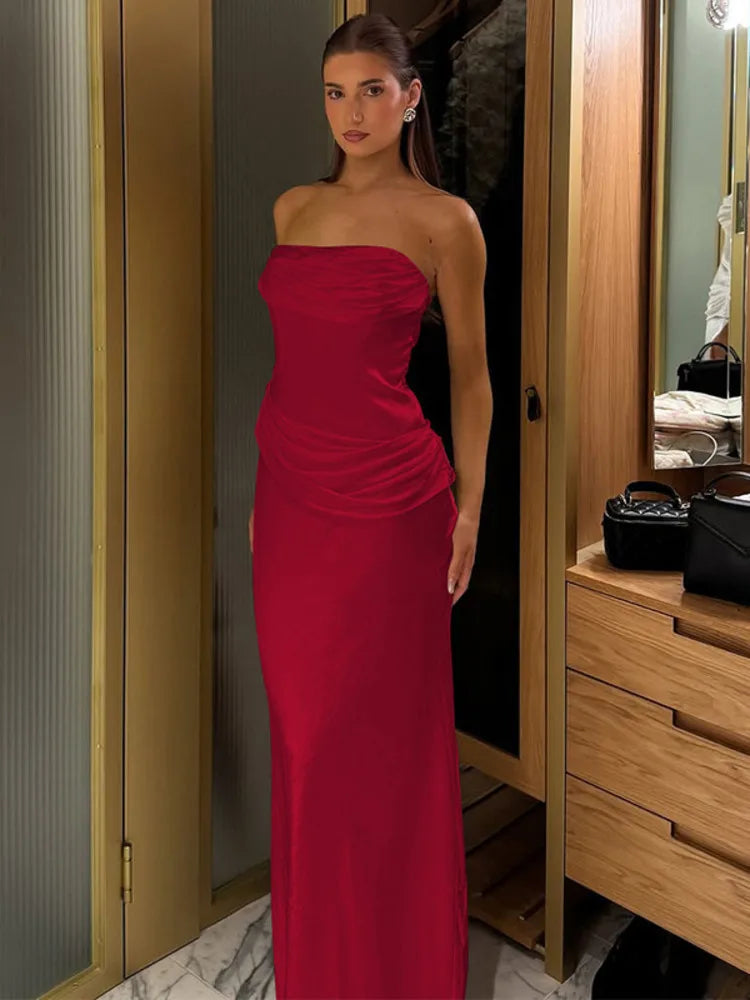 Elegant Off-shoulder Sexy Maxi Dress Women Fashion Strapless Sleeveless Backless Ruched Bodycon Club Long Dress New