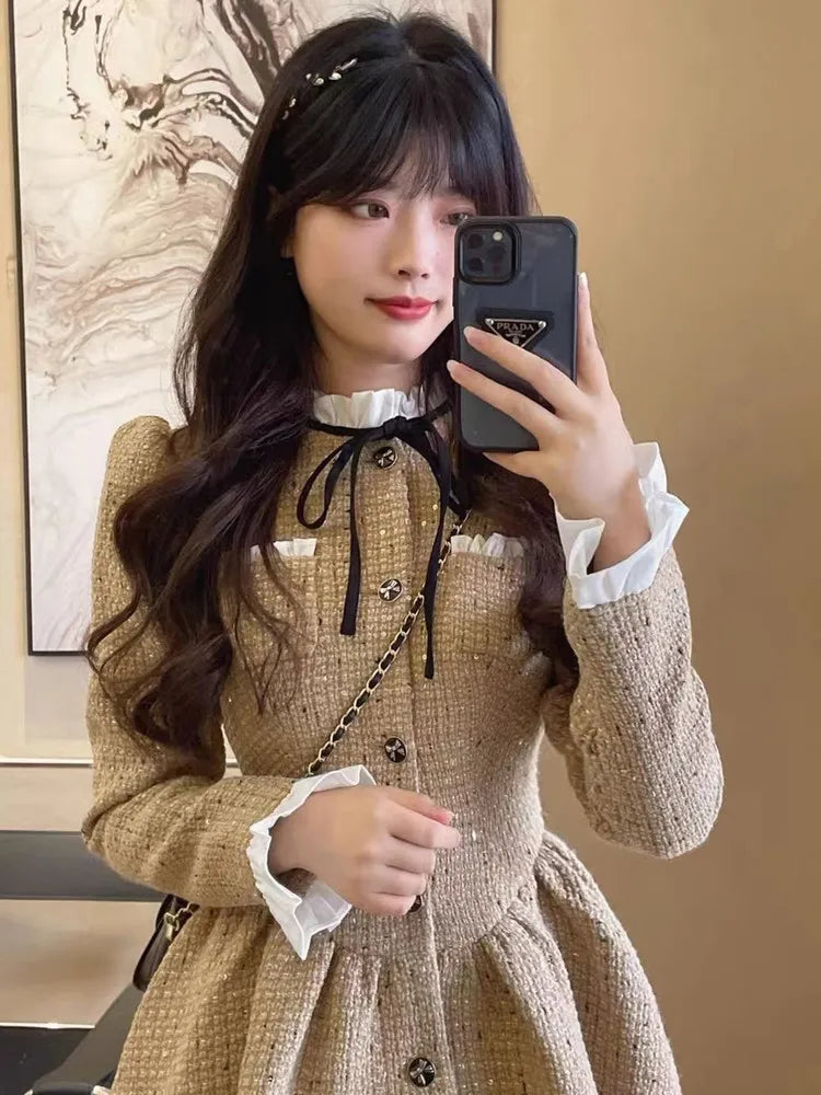 Slim Waist Korean Style Women Dress New Ruffled Bow Single Breasted Fashion Female Mini Dresses Sweet Elegant Streetwear