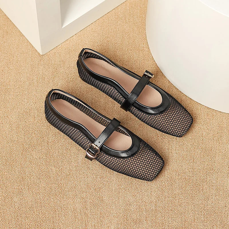 Fashion Square Toe Mesh Ballet Flats Buckle Strap Mary Janes Breathable Hollow Out Single Shoes Female Flat Bottom Casual Shoes