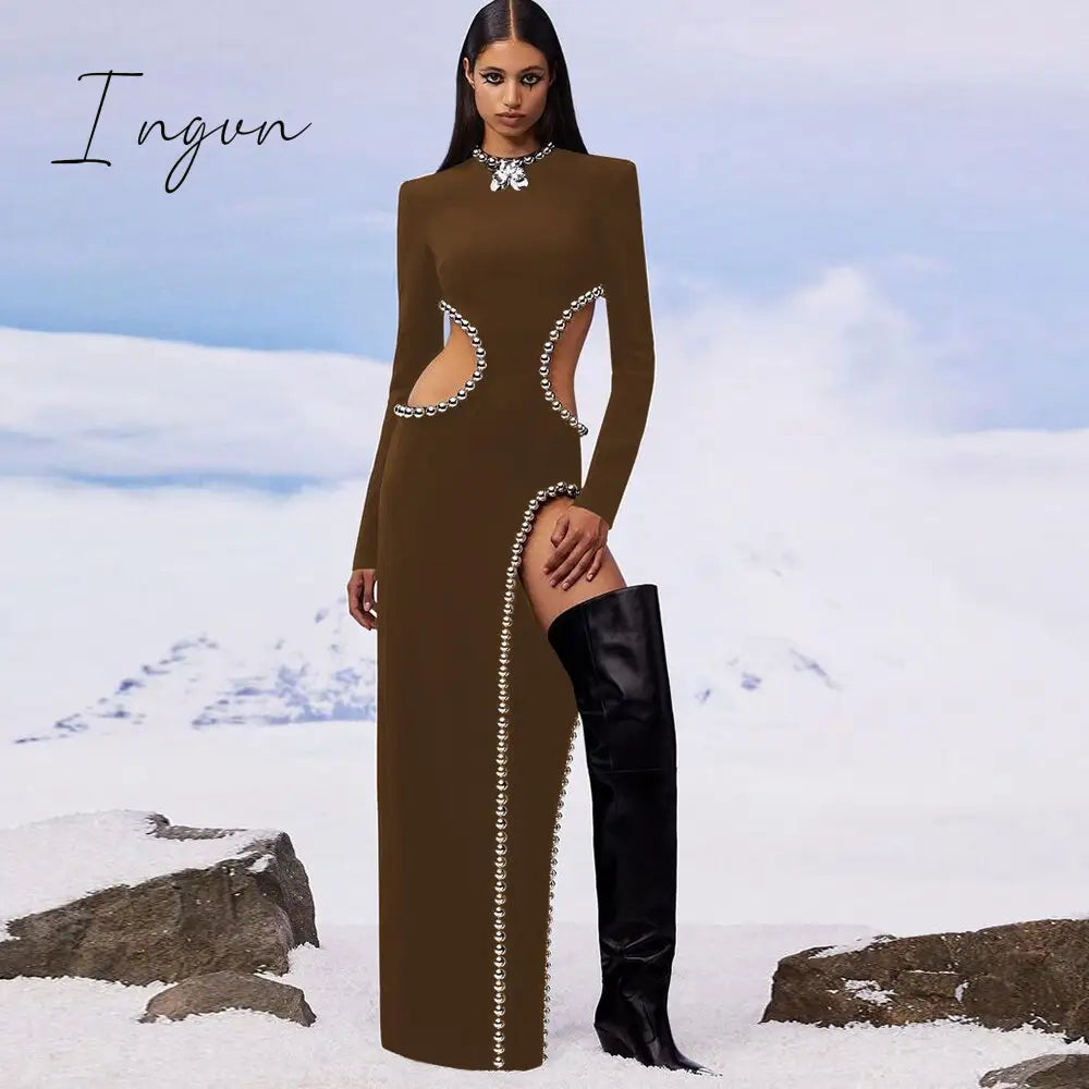 Ingvn - New Style Women's Sexy O Neck Cutout Black Beaded Long Bodyband Dress Elegant Celebrity Party Dress