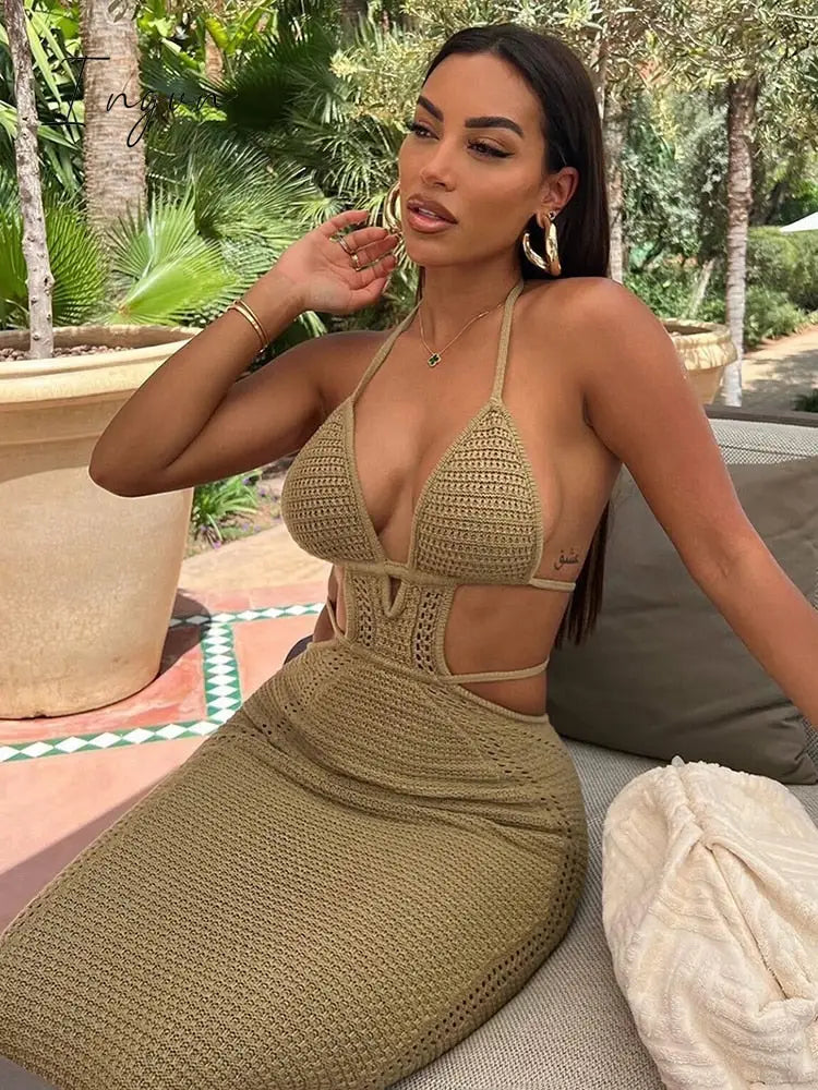 Ingvn - Hollow Out Halter Sexy Mini Dress Women Summer New Sleeveless Backless Skinny Club Party Knit Tank Dress Vestido