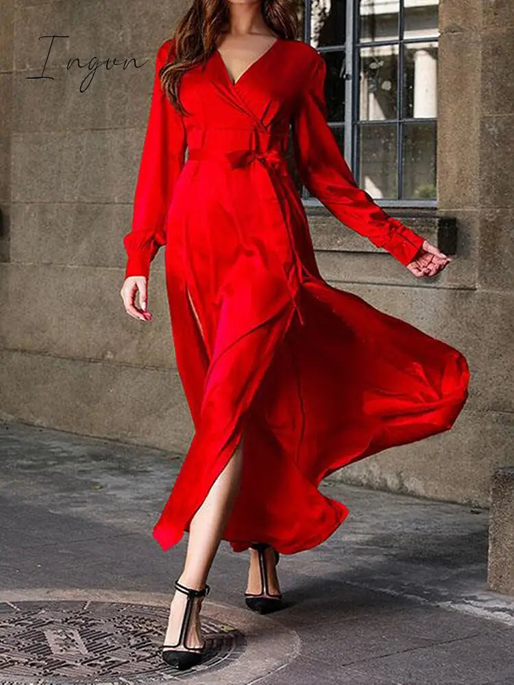 Ingvn - Gifts For Women Autumn women's Long Sleeve Casual Style Polyester Material New V-neck Middle Waist Zipper Stitched Slit Large Swing Dress