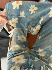 Ingvn  Women's Daisy Printed High Waisted Jeans Summer Street Cool Girl Bottoms Wide Legs Irregular Pants Female Baggy Denim Trousers