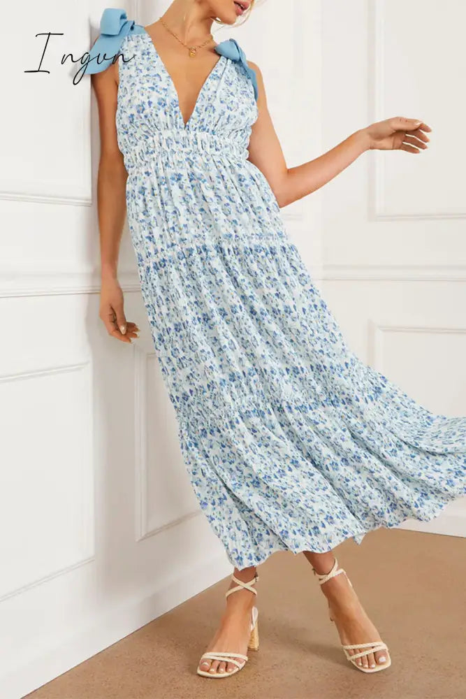 Ingvn - Sweet Elegant Print Flowers Frenulum V Neck A Line Dresses