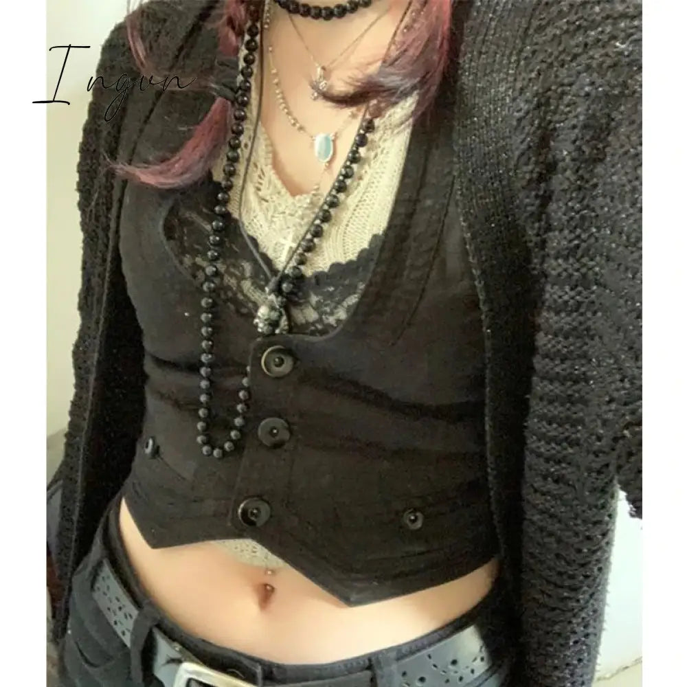 Ingvn - y2k Button Corset Top Black Sleeveless Tank Tops Skinny V Neck Aesthetic Punk Crop Top Grunge Fairycore Women Vests
