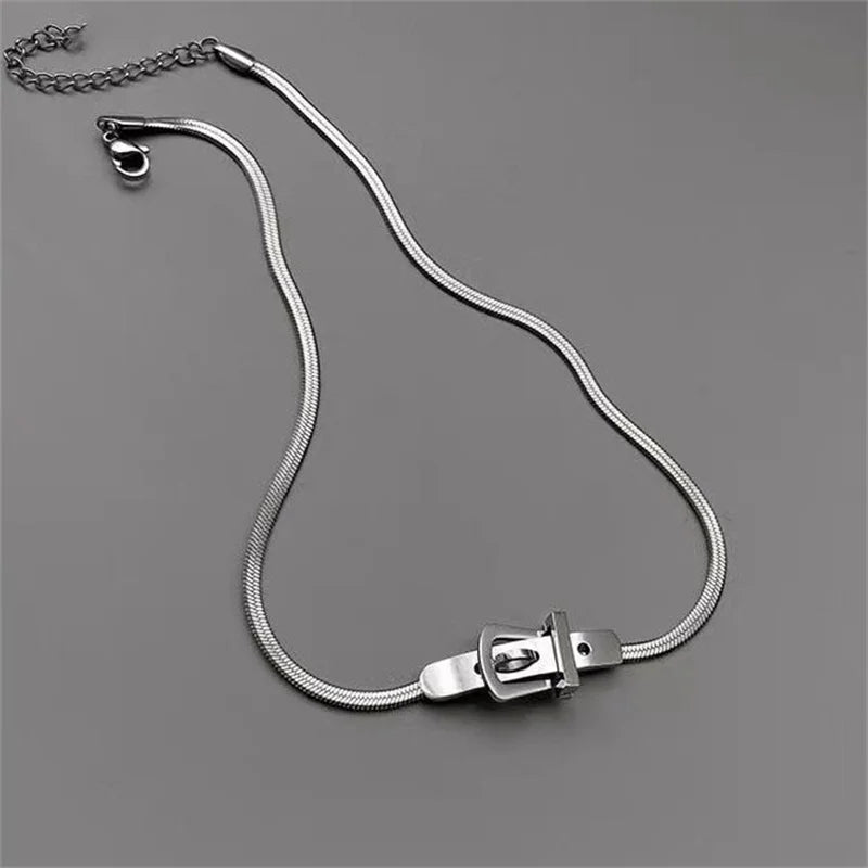 INGVN  Neo Gothic Alloy Choker Silver Color Belt Buckle Snake Chain Necklace For Women Fashion Jewelry Party Accessories
