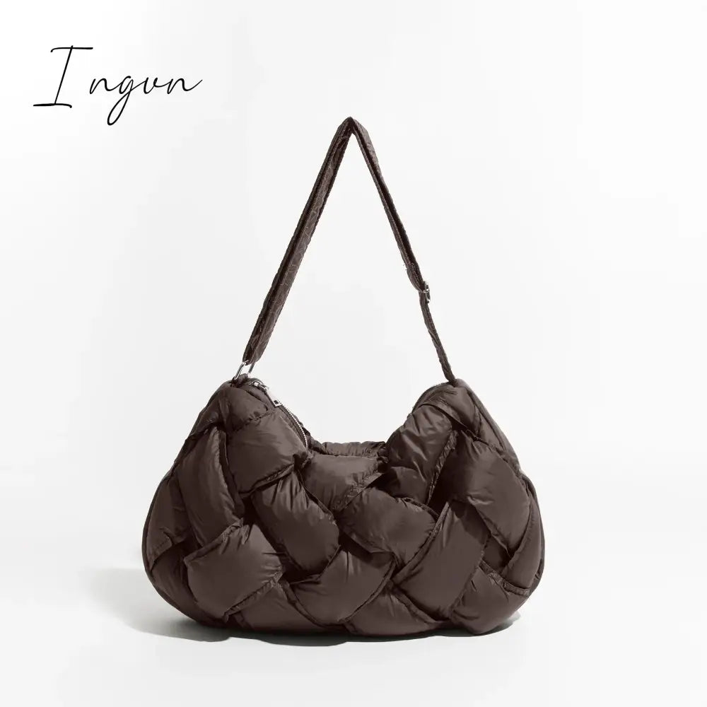 Ingvn - Black Woven Design Padded Shoulder Hobo Bag Cotton Down Crossbody Puffer Purse Big Women Winter Sling Handbag