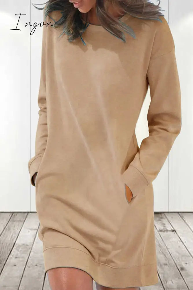 Ingvn - Casual Solid Solid Color O Neck Long Sleeve Dresses(6 Colors)