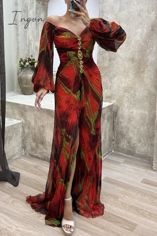 Ingvn - Elegant Formal Gradual Change Fold V Neck Evening Dress Dresses