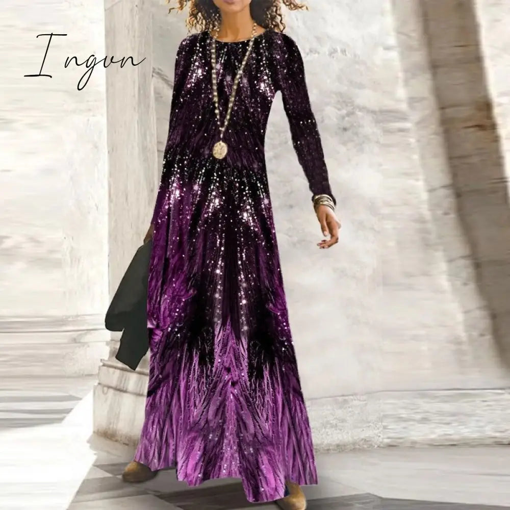 Ingvn - Fashion Shiny Long Office Lady Party Dress Women Vintage Round Neck Long Sleeve Maxi Dress Autumn Slim Boho Spring Dresses