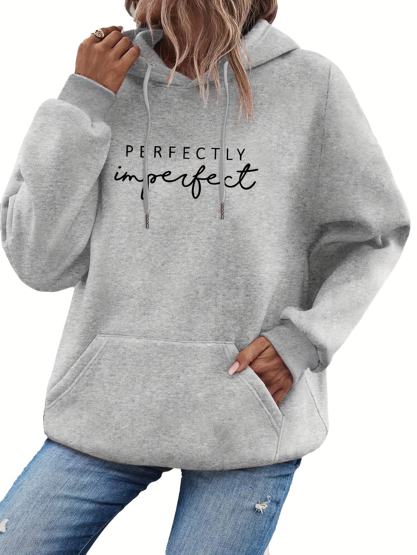 Ingvn  Letter Print Kangaroo Pocket Hoodie, Casual Long Sleeve Drawstring Hoodies Sweatshirt, Women's Clothing
