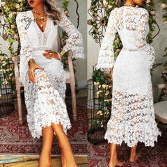 Ingvn - Fashionable Autumn Women Dress Sexy Lace Long-sleeved V-neck Large-length Ladies Chic Vestidos Wedding Party Bridal Dress