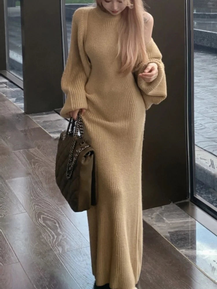Autumn Solid Knitted Dress Suits Loose Cardigan + Evening Party Slim Long Dresses Winter Sweater Two Piece Set Female Clothes