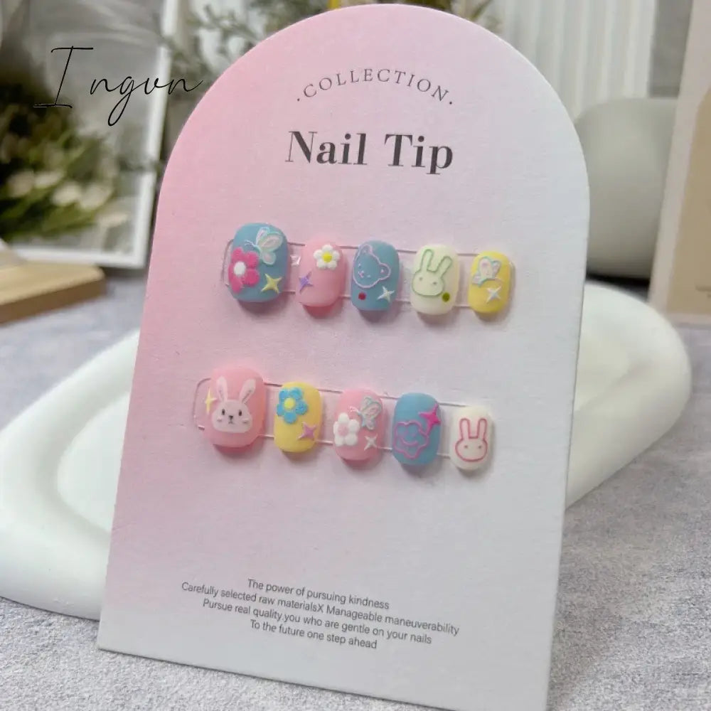 Cute Rabbit Handmade Press on Nails Fake Nails Short Round Head Manicure Nail Art Kawaii False Nails Full Cover Finger Tips Girl