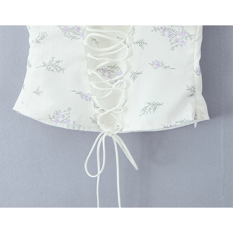Lace Trim Floral Print Sweet Camis Women Lacing Up Bandage Back Summer Tops French Style Retro Holiday Tank Top