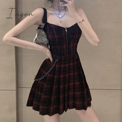 Ingvn - Gothic Girls Plaid Pleated Punk Dress Preppy Style Red Black Spaghetti Strap Sexy Sleeveless Mini Short Dresses Goth Streetwear