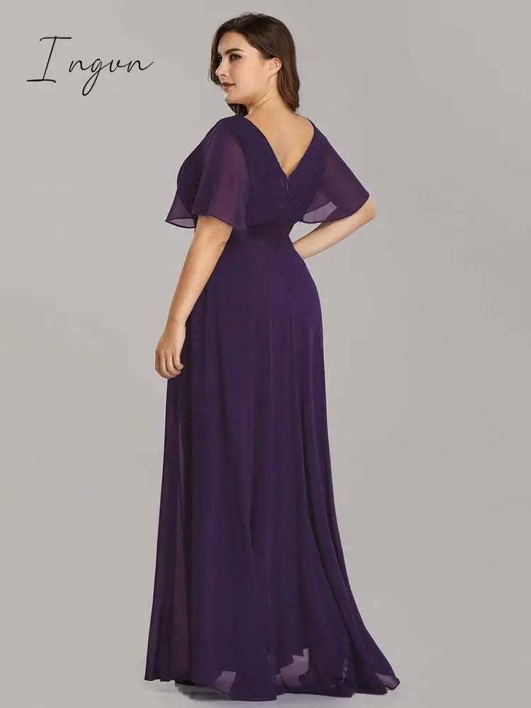 Ingvn - Summer Outfits New Women Plus Size Evening Dresses Long Elegant A Line V Neck Ruffles Chiffon Formal Wedding Party Dress Robe De Soiree