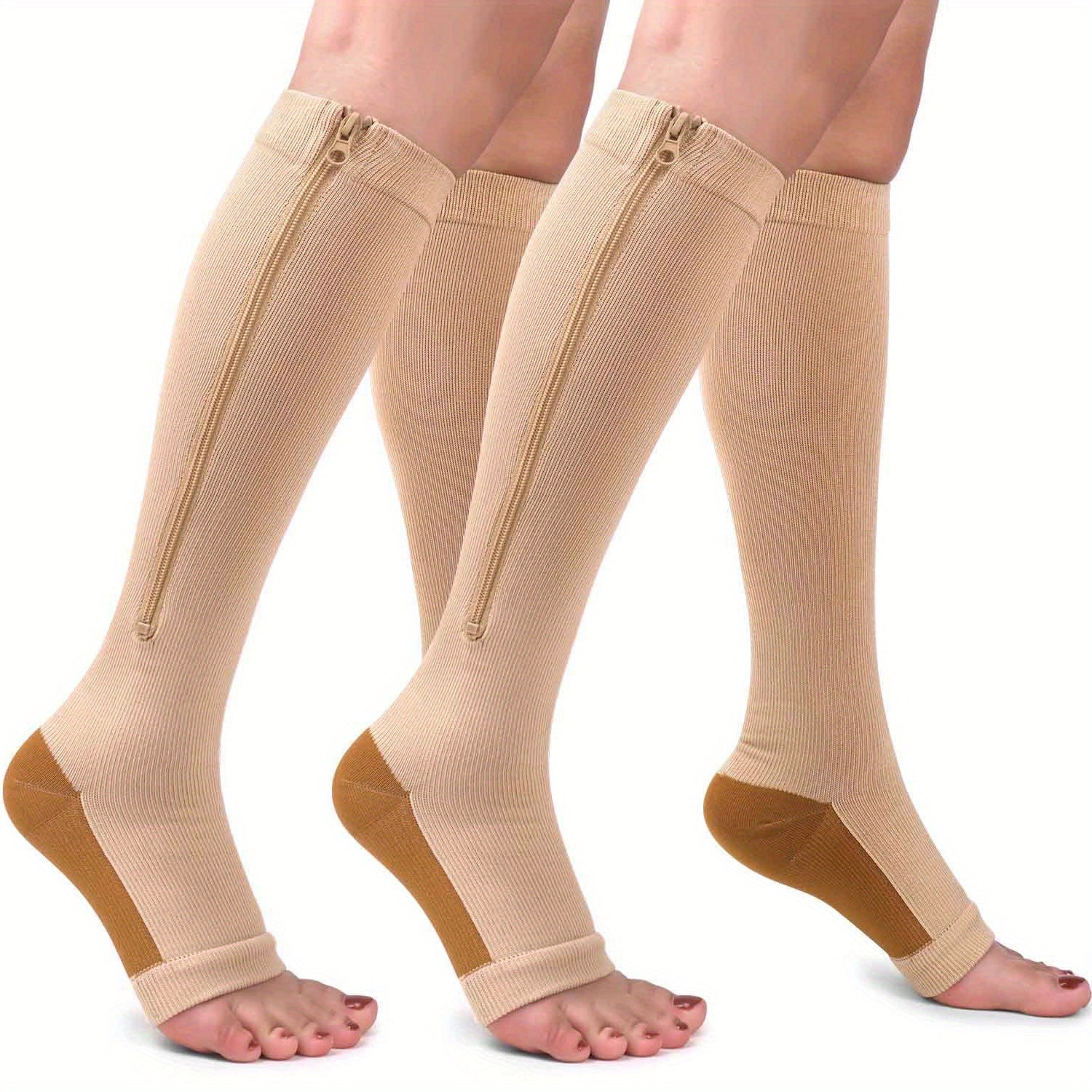 2 Pairs Compression Socks For Running, And Athletics - Open Toe, Zipper Closure, Thermal