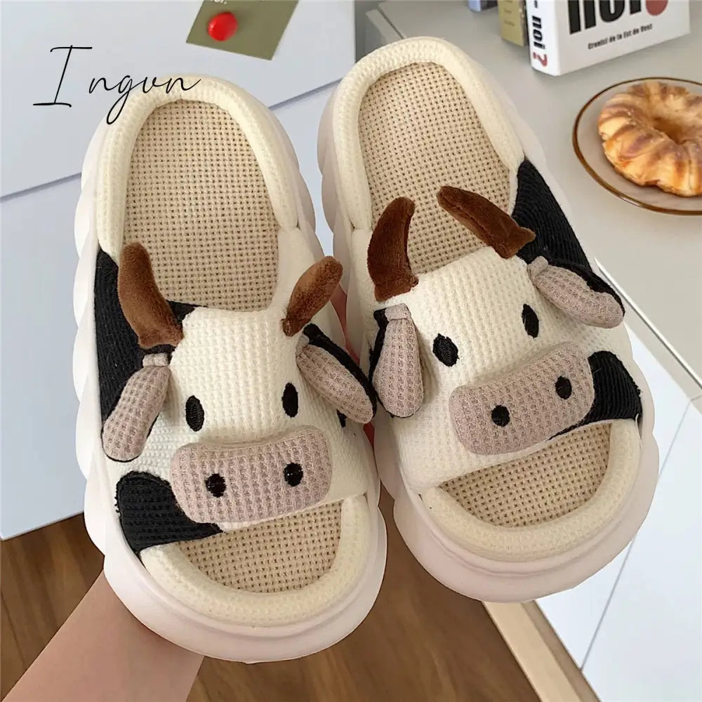 Ingvn - Women's Slippers Summer Four Seasons Indoor Home Sandals and Slippers Cute Cartoon Milk Cow House Slippers Funny Shoes