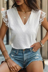 Ingvn - Elegant Solid Lace V Neck Tops