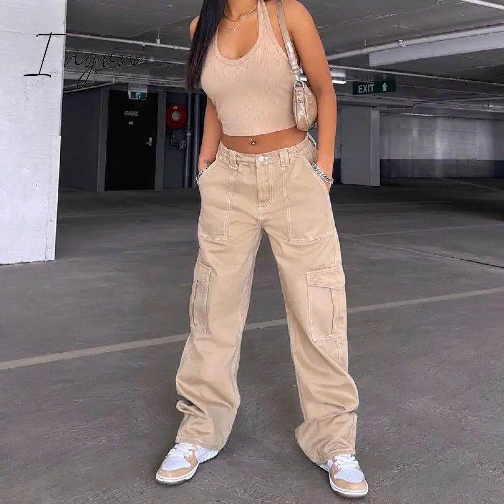 Ingvn - Y2k Cargo Pants Women's Jeans New Fashion Baggy Jeans Denim Overalls 90s Low Rise Pocket Straight Leg Trousers Streetwear