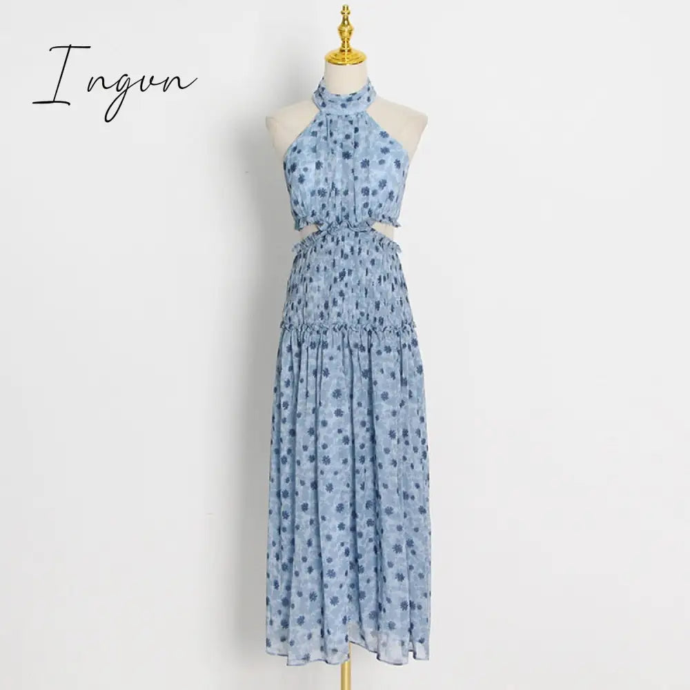 Ingvn - 2023 Summer Women Chiffon Midi Dress Party Stand Collar Sleeveless Pleated Waist Elegant Lady Ruched Floral Long Dress Ruffle