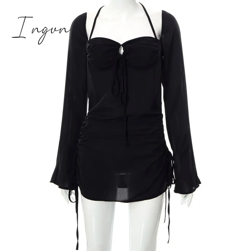 Ingvn - Going Out Outfits Spring Elegant Cut Out Halter Bodycon Mini Dress Women Sexy Flare Long Sleeve Drawstring Backless Party Dresses