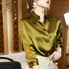 Ingvn - Brand Quality Luxury Women Shirt Elegant Office Button Up Long Sleeve Shirts Momi Silk Crepe Satin Blouses for Women Fashion Business Ladies Top