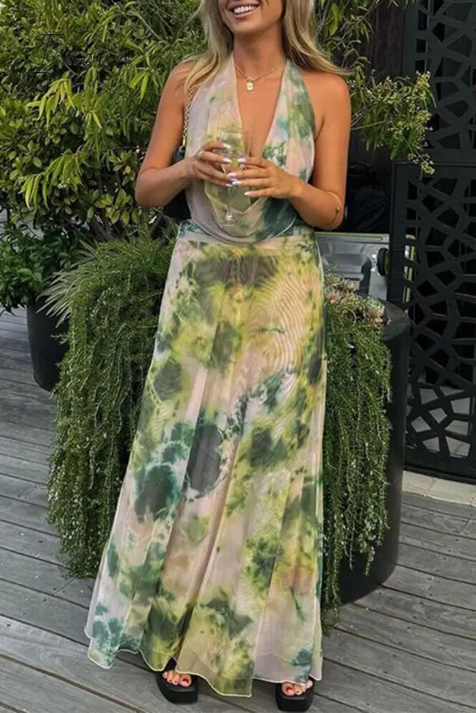Ingvn - Sexy Gradual Change Print Backless Scarf Collar Sleeveless Two Pieces