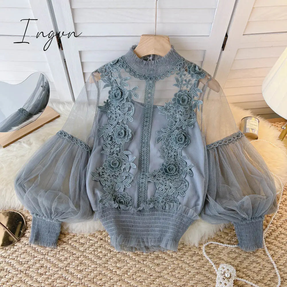 Ingvn - spring Women Mesh Tops Fashion Sexy Sheer Lace Blouse Lantern Sleeve 3D Floral Blouses Shirts Elegant Top Blusas Femininas
