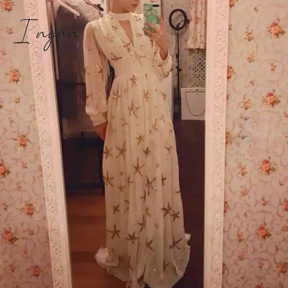 Ingvn - Elegant Women Party Chiffon Dress Sequined Detail Design Slim Waist Dress Classy Formal High Slit Long Maxi Dress
