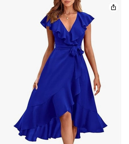 new V-neck short sleeve ruffled long temperament lace-up dress