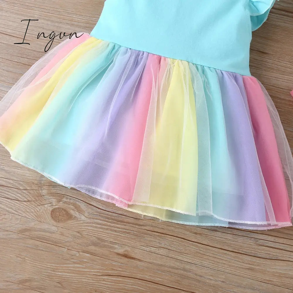 Ingvn - New Summer Baby Girls Tutu Dress Children Party Little Girl Kids Clothes Flying Sleeve Princess Rainbow Patchwork Outfits Dress