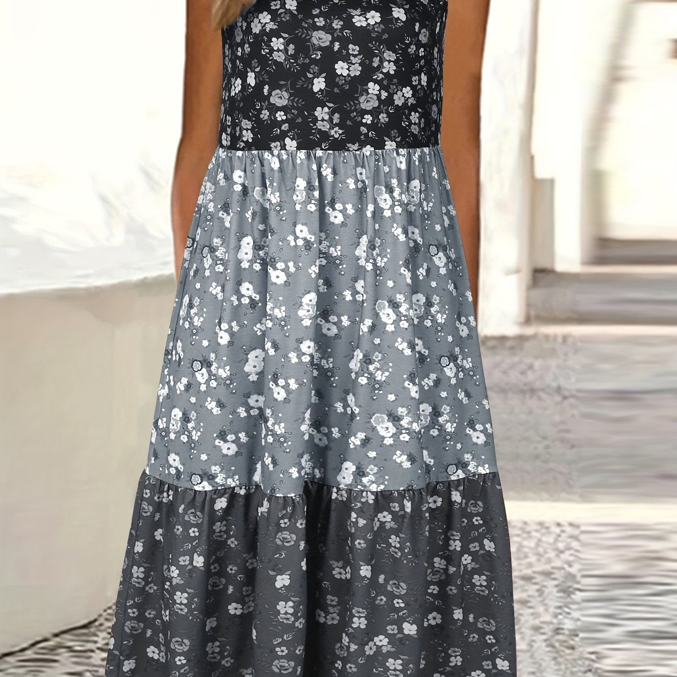 Fashionable Color Block Floral Print Tank Dress - Stylish Crew Neck, Flouncy Tiered Ruffles, Sleeveless - Versatile Casual Womens Summer Wear