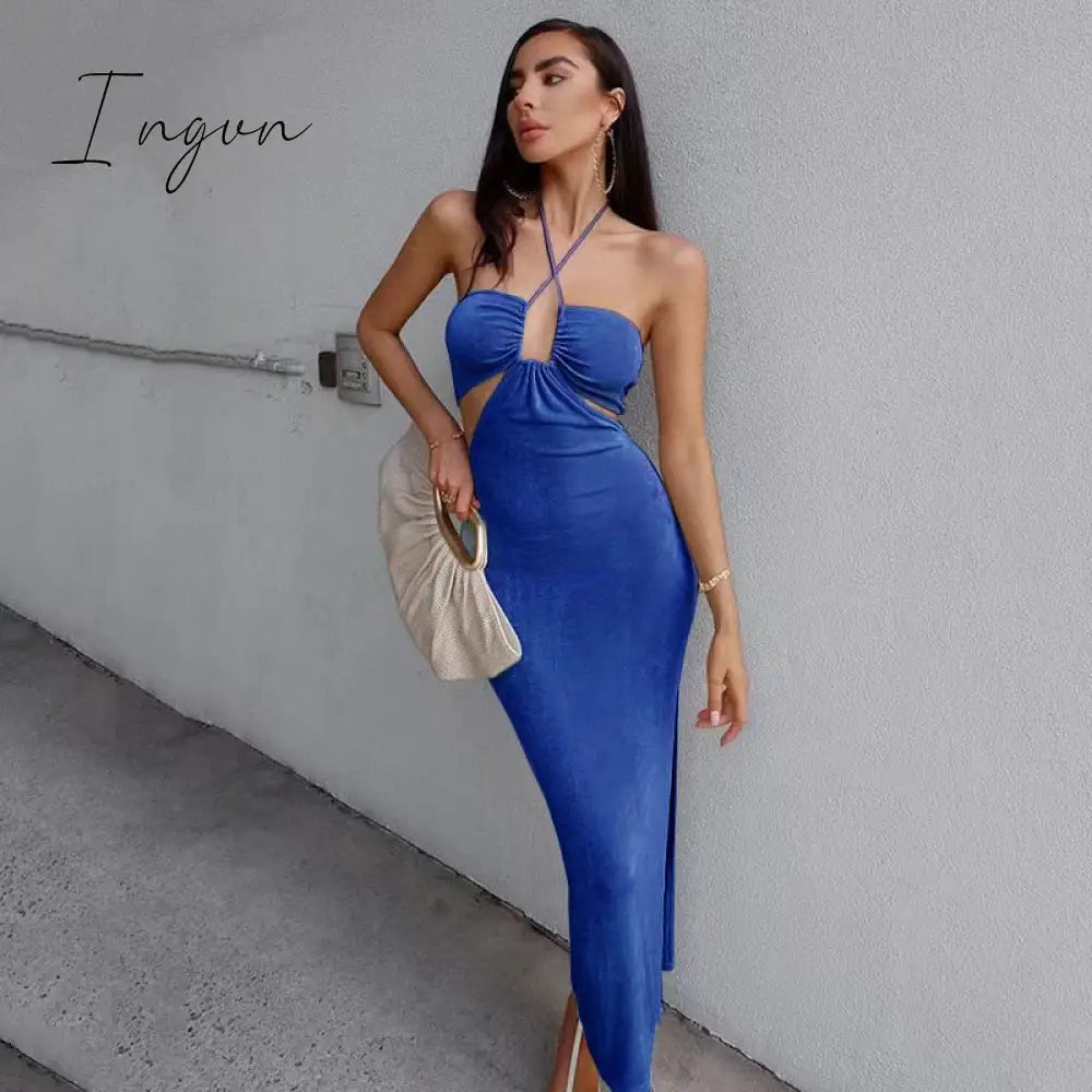 Ingvn - Sexy Hollow Out Corset Maxi Dress Party Dress Women Halter Cut Out  Wrap Split Long Dresses Summer Backless Clubwear Midi Robe