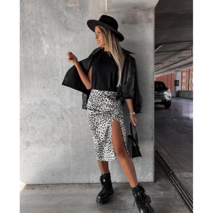 Voguable Midi Skirt Women Leopard Spring Lace Up Slit Bodycon High Waist Drawstring Printed Sexy Skirt Casual Office Female Skirt