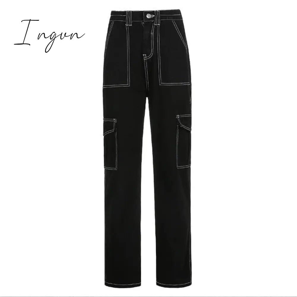 Ingvn - Weekeep Pockets Patchwork Baggy Jeans Fashion Streetwear 100% Cotton Women Denim Trouser Loose Cargo Pants Korean Jeans Harajuku