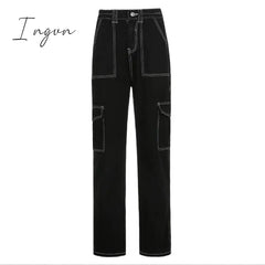 Ingvn - Weekeep Pockets Patchwork Baggy Jeans Fashion Streetwear 100% Cotton Women Denim Trouser Loose Cargo Pants Korean Jeans Harajuku