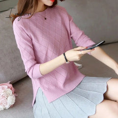 Ingvn - Sweater Women Fall Winter Knitted Sweater Cropped Sweater Korean Fashion 2023 Pullover Sweaters Plaid Clothes Solid Loose Tops