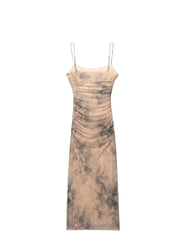 Women's Fashion Slim Dresses Print O-Neck Sleeveless Backless Pleated Decoration Zipper Female Long Dresses For Party