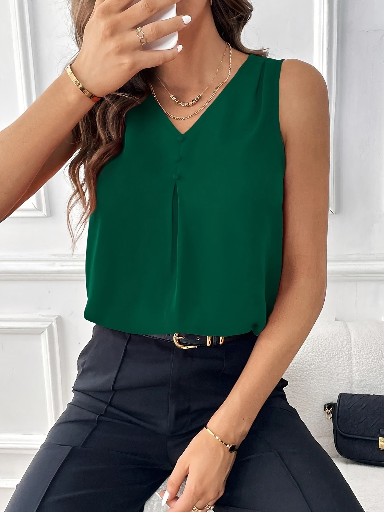 Solid V-neck Button Decor Top, Elegant Sleeveless Top For Summer, Women's Clothing