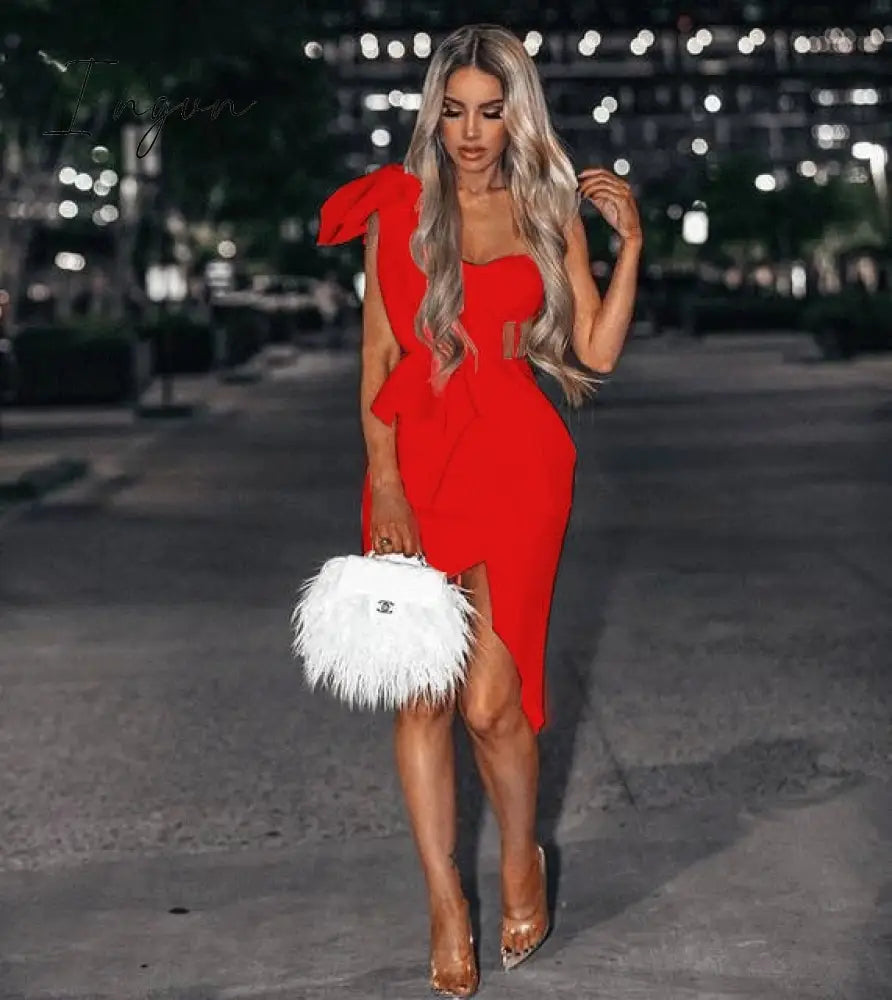 Ingvn - New Summer Fashion Women Bodycon Dress One Shoulder Bow Mesh Ruffle Sleeveless Bandage Dress Celebrity Party Evening Sexy