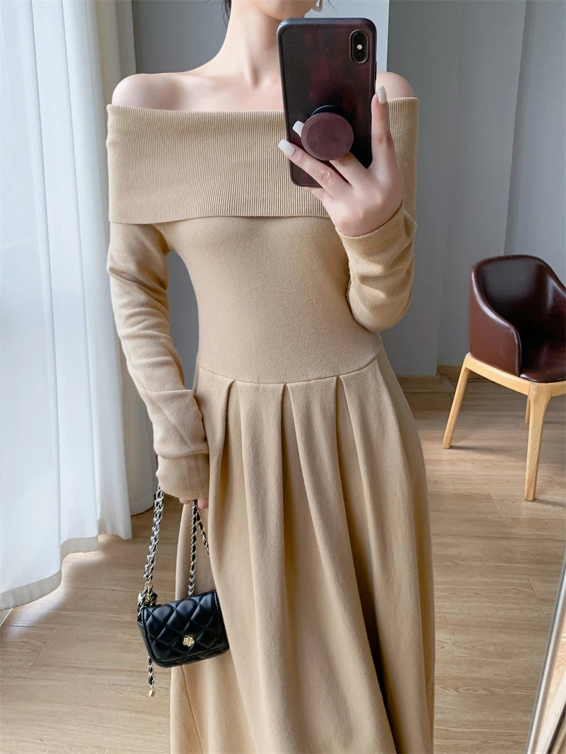 Sexy Off Shoulder Evening Dress for Women Solid Long Sleeve Slim Waist Party Vestidos Mujer Elegant One Piece Prom Robes Femme