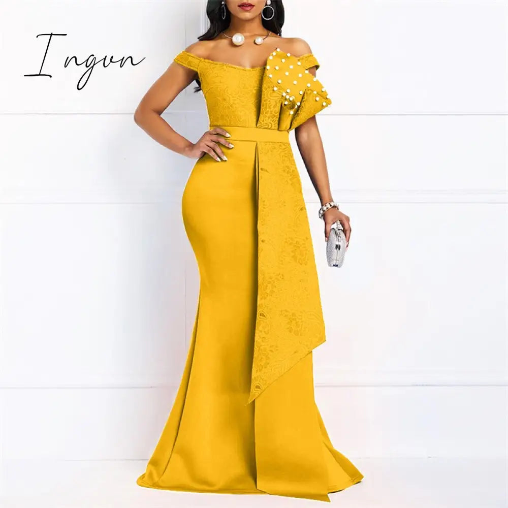 Ingvn - High Quality Summer New Red Elegant Women Party Dresses Sexy Low Cut Mermaid Beaded Lace Embroidery Wedding Evening Floor-Length Dress