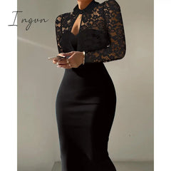 Ingvn - Women Summer Contrast Lace Long Sleeve Cutout Bodycon Dress Autumn Solid Black Long Sleeve Sexy Party Club Dress