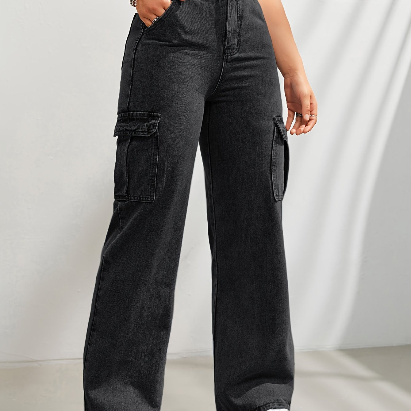 Women's Casual Wide Leg Denim Cargo Pants, Fashion Plain Jeans With Side Pockets, High Waist And Relaxed Fit For Fall