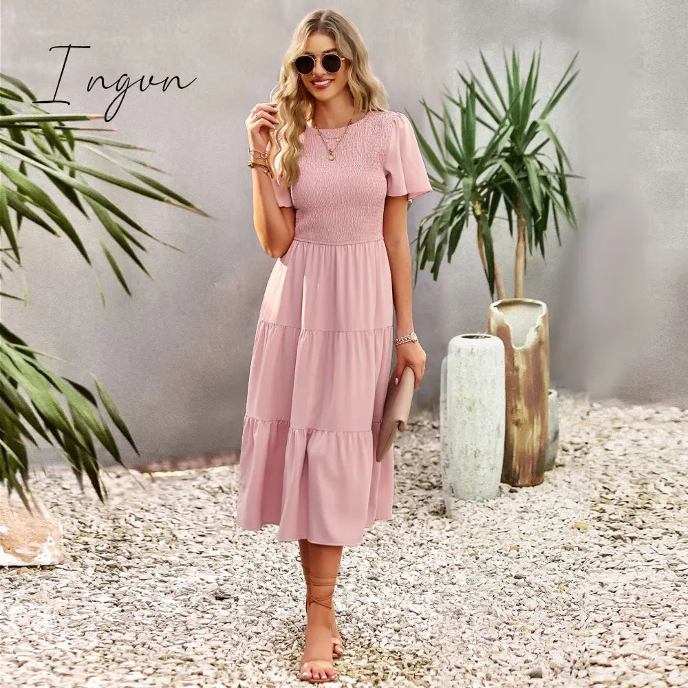 Ingvn - 2023 Spring Casual O Neck Lantern Sleeve Dress Women Loose Elegant Solid A-line Dress Lady Simple High Waist Klein Blue Dress