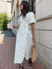 Ingvn  Women's V-neck Short Sleeve Floral Printed Cotton Dress Fashion Streetwear  High Waist Bandage A-line Long Holiday Dresses